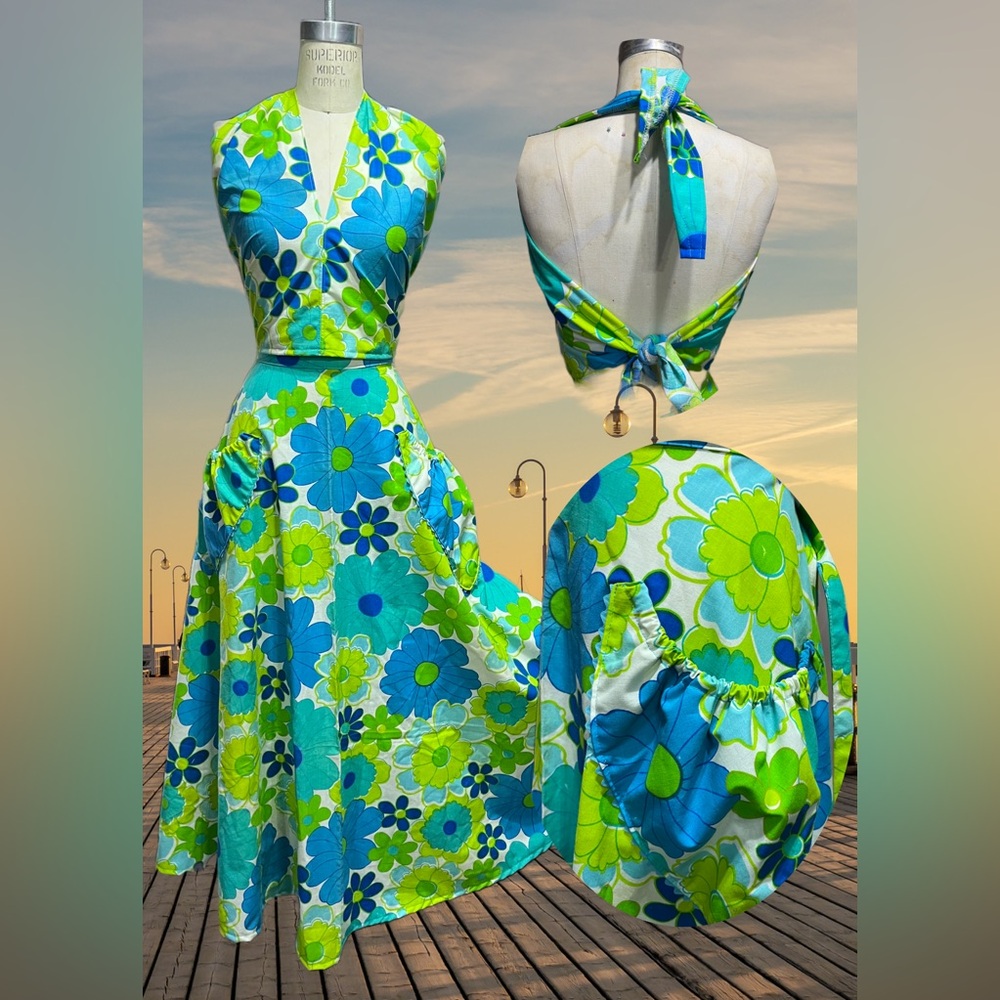Green & Blue Two Piece Vintage Bedsheet Wrap Top & Skirt Set